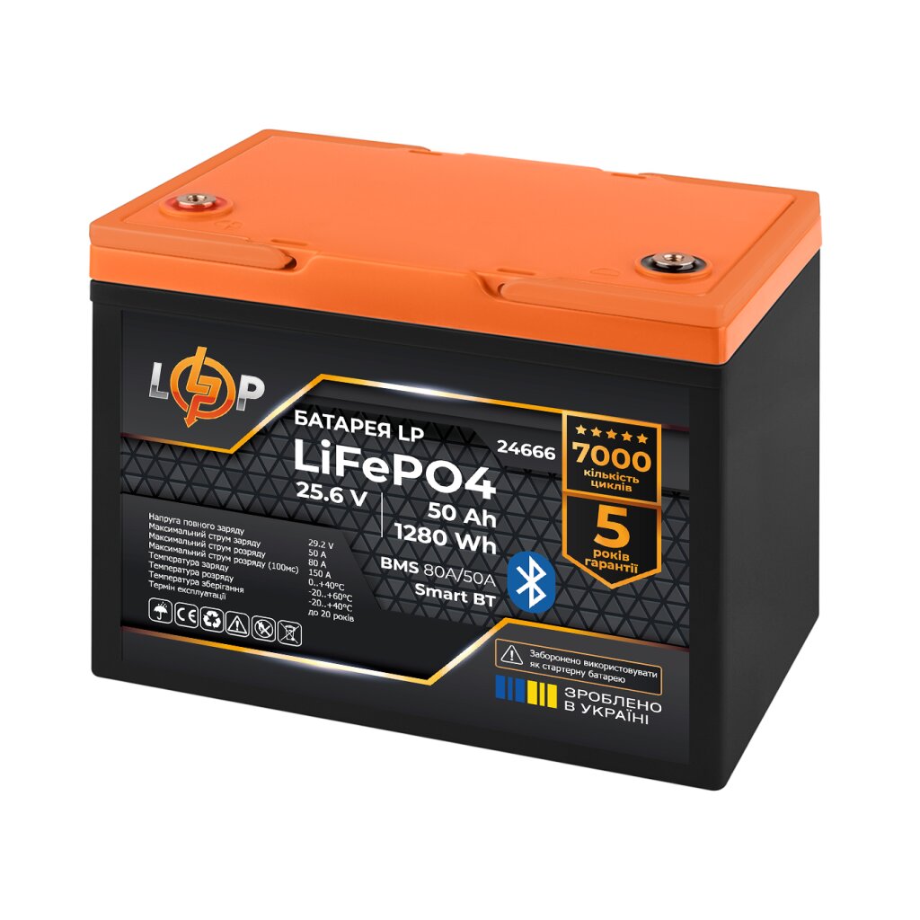 Аккумуляторная батарея LogicPower LP LiFePO4 25,6V - 50 Ah (1280Wh) (BMS 80A/50А) пластик Smart BT